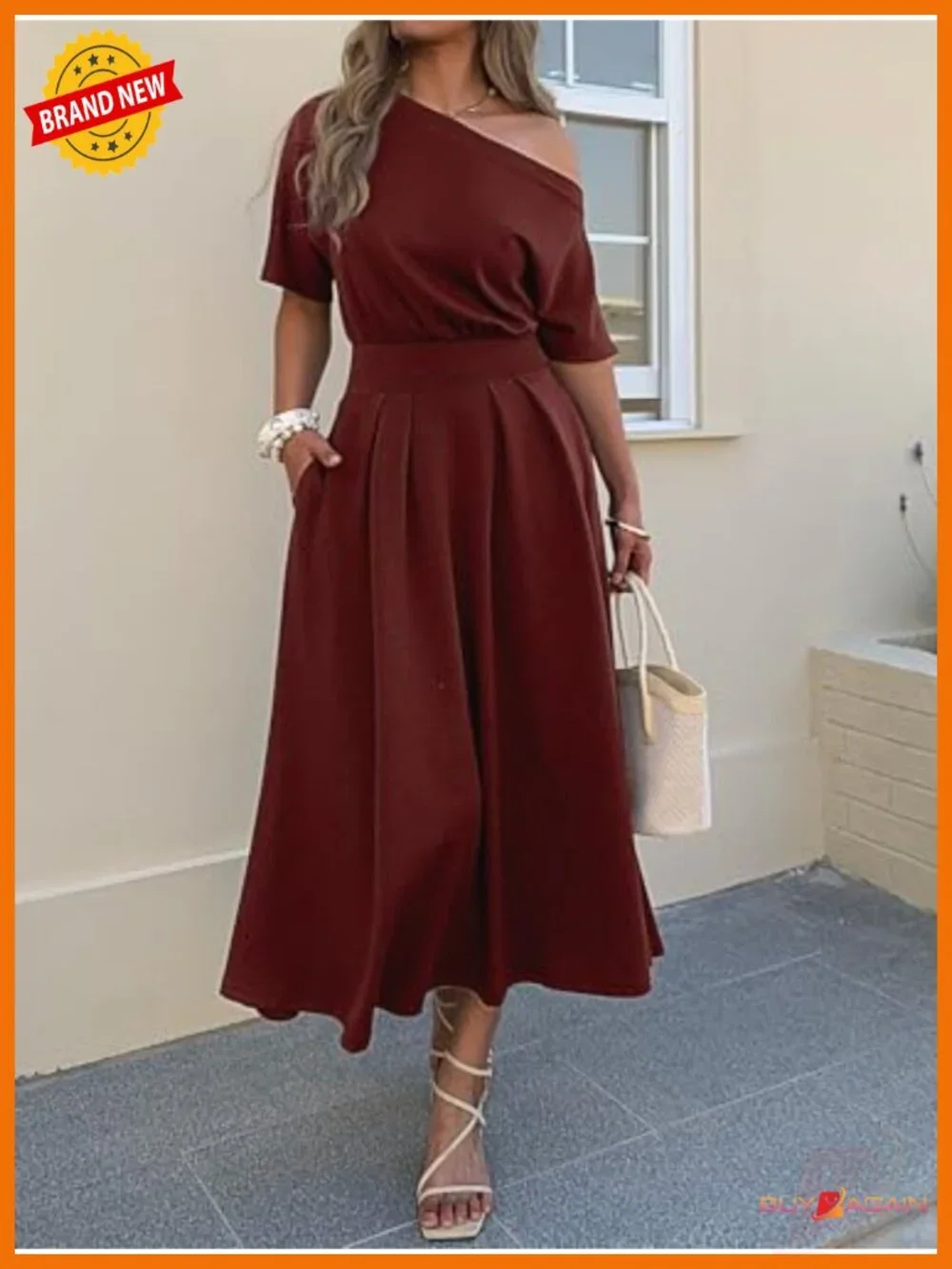 Women's One Shoulder Empire Waist A-Line Maxi Dress with Pockets
